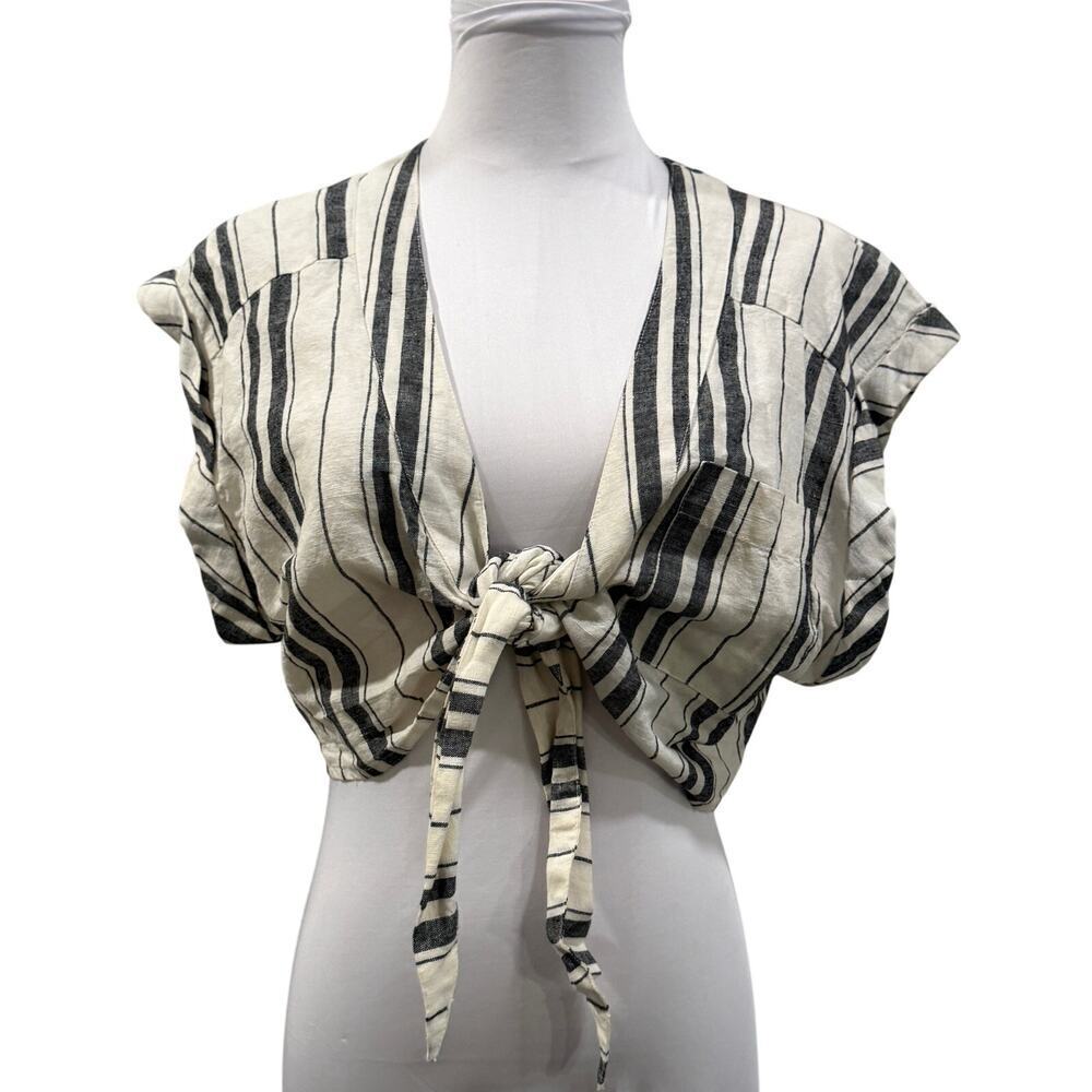 Free People Striped Tie Front Cropped Linen Blend Top Boho Cottagecore 6 NEW